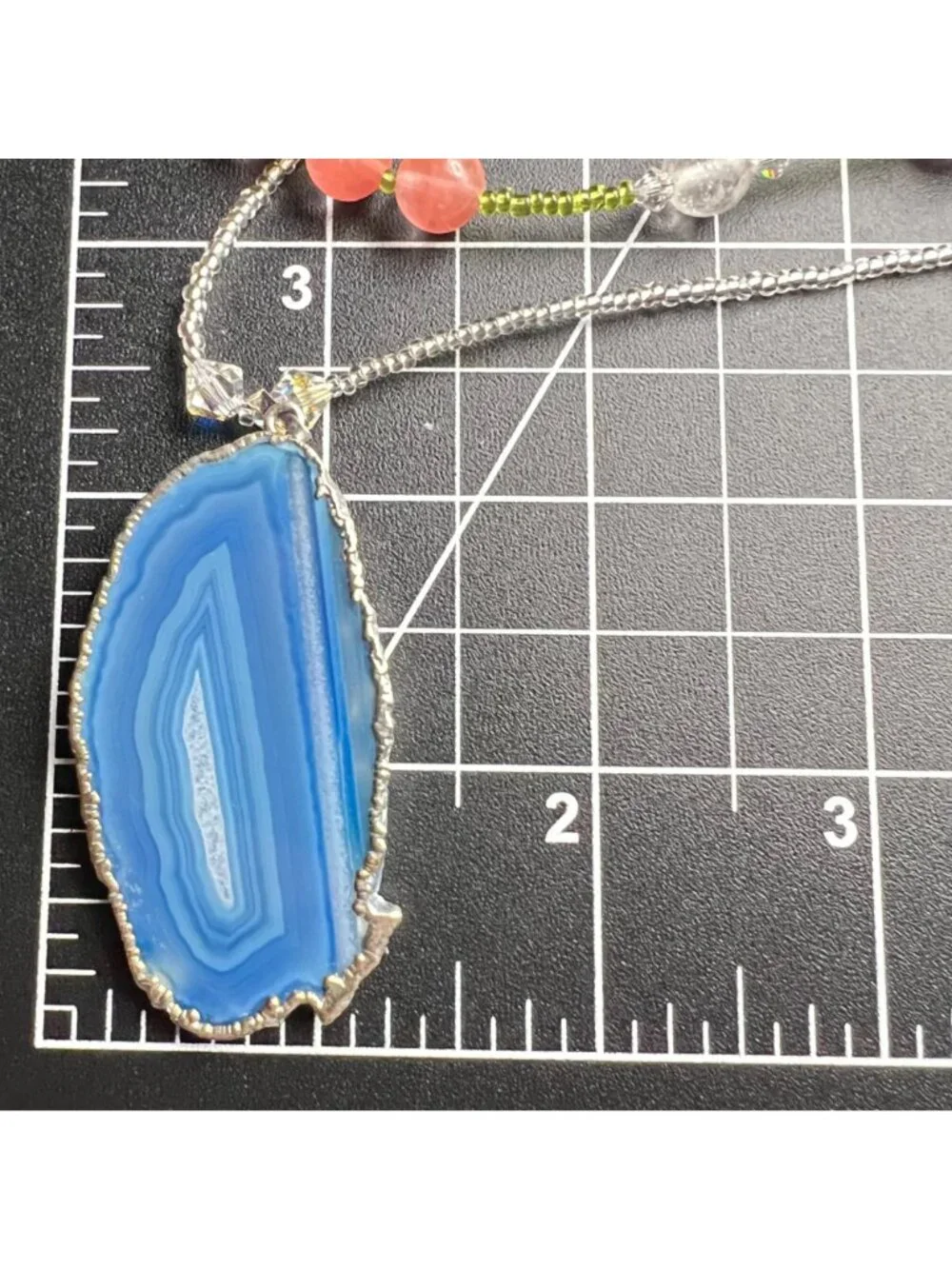 Blue Agate Slice Pendant Necklace Multistrand Beaded Boho Pink Green Glass Layer - Picture 12 of 15